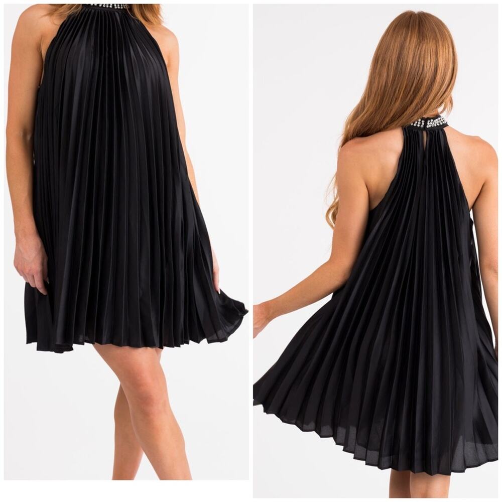 Flying Tomato Embellished Halter Neck Short Pleated Dress Black Size Medium